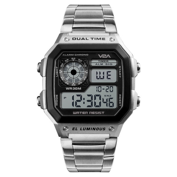 V2A Chronograph Stainless Steel Unisex Mulitifunction Digital Watch (Silver)