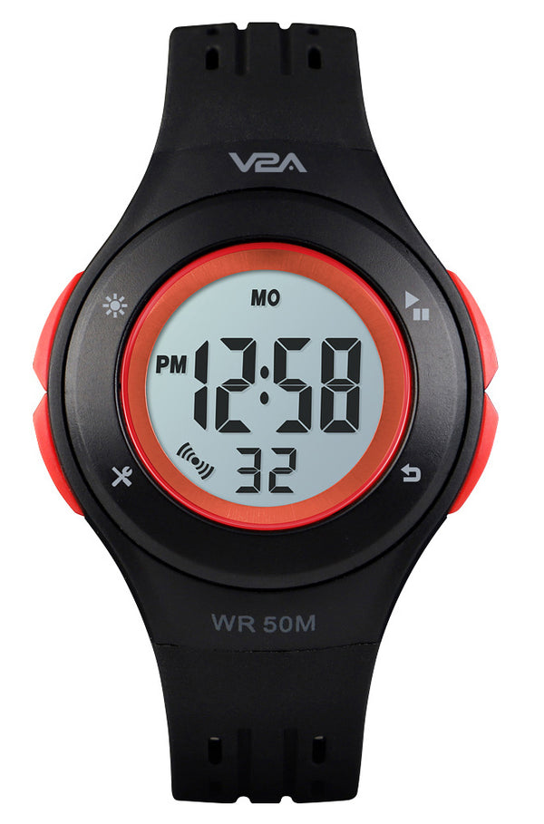 V2A Digital 5ATM Waterproof Kids Sports Watch with 7 Color Backlight Alarm Stopwatch for Boys and Girls (White Dial and Black Colored Strap)
