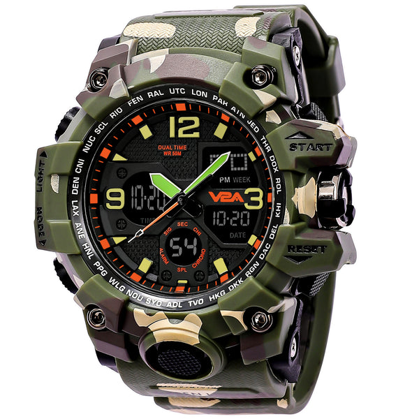 V2A Army Camouflage Khaki Digital Analog Watch for Men and Boys (Black Dial and Khaki Strap)