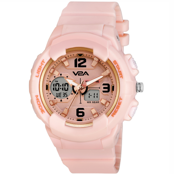 V2A Analog Digital 5ATM Waterproof Fashion Sports Watch with Backlight Alarm Stopwatch for Women and Girls (Pink Color Dial and Strap)