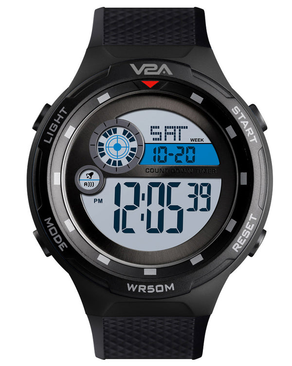 V2A Digital 5ATM Waterproof Sports Watch with Backlight Alarm Stopwatch for Men and Boys (White Dial and Black Colored Strap)