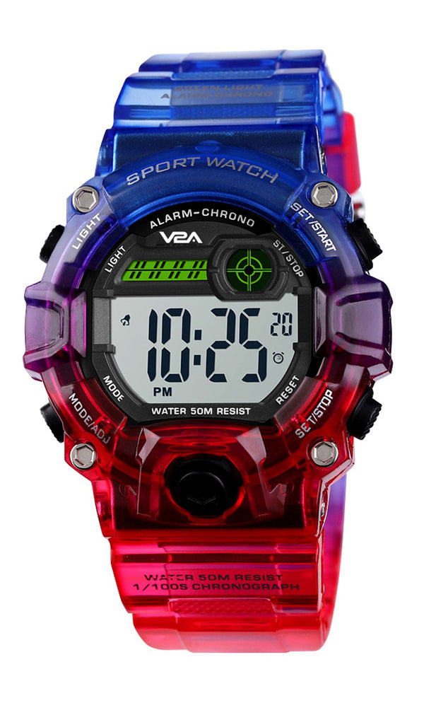 V2A Digital 5ATM Waterproof Kids Sports Watch with Backlight Alarm Stopwatch for Boys and Girls (White Dial with Red and Blue Colored Strap)