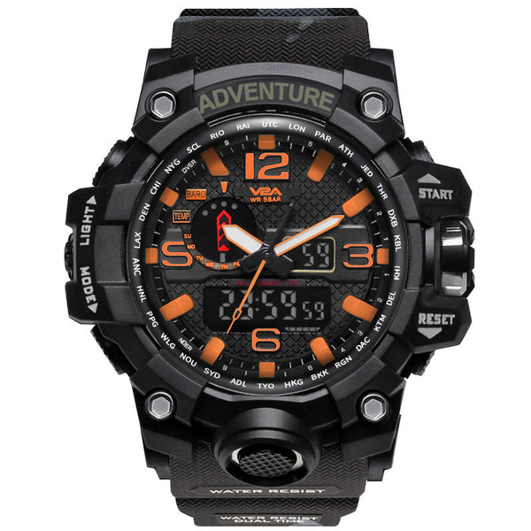 V2A Military Camo Black Orange Chronograph Shockproof Waterproof Analog-Digital Day And Date Display Sports Watch For Men