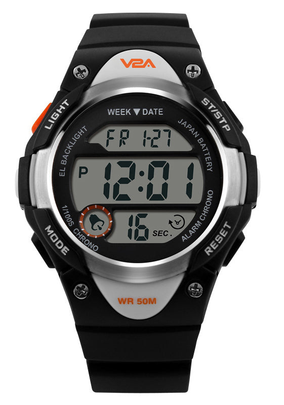 V2A Kids Black LED Backlight Stainless Steel Case Waterproof Digital Sports Casual Watch For Boys And Girls