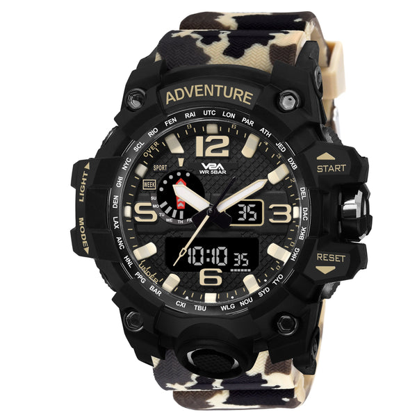 V2A Military Camo Khakhi Chronograph Shockproof Waterproof Analog-Digital Day And Date Display Sports Watch For Men