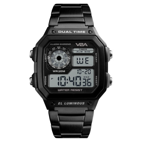 V2A Chronograph Stainless Steel Unisex Mulitifunction Digital Watch (Black)