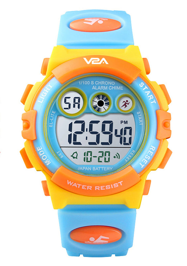 V2A Digital 5ATM Waterproof Kids Sports Watch with 7 Color Backlight Alarm Stopwatch for Boys and Girls (Yellow Dial and Blue Colored Strap)