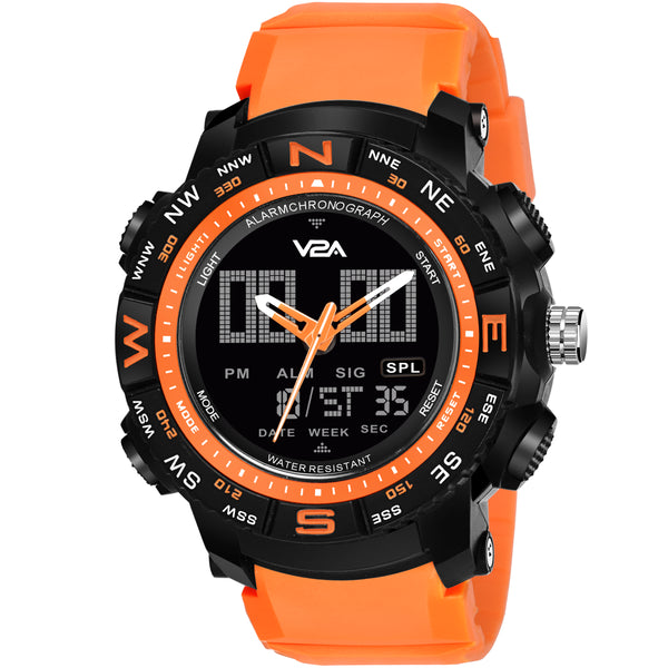 V2A Military Analog Digital 5ATM Waterproof Sports Watch with Backlight Alarm Snooze Stopwatch for Men (Black Dial with Orange Strap)