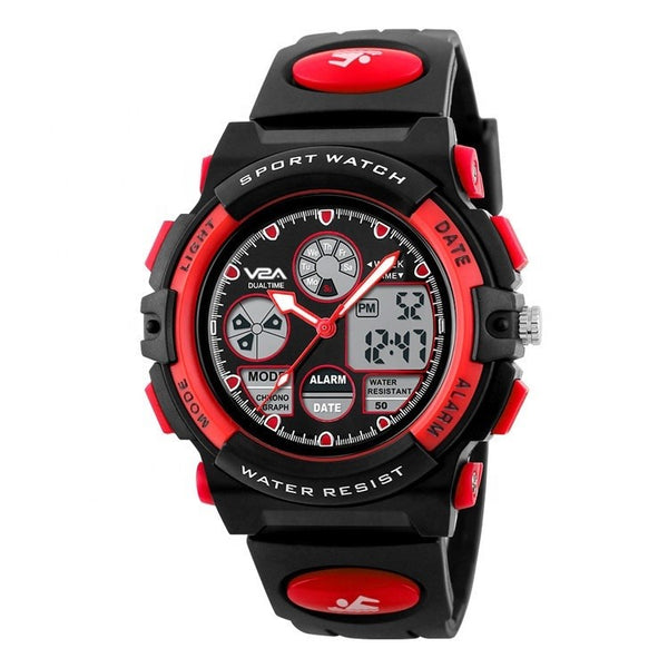 V2A Red Analogue-Digital Shock Resistant Alarm Calender Water Proof Sports Watch For Boys And Girls