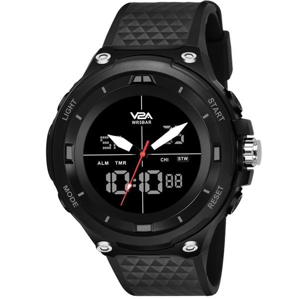V2A Analog Digital Countdown and Auto Calendar 5ATM Waterproof Sports Watch for Men (Black Dial with Black Strap)