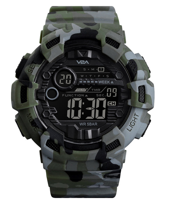 V2A Military Camouflage Digital Sports Watch with Backlight Alarm Stopwatch for Men and Boys (Black Dial and Multi Colored Strap)