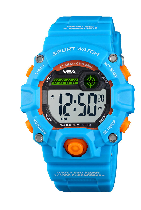V2A Digital 5ATM Waterproof Kids Sports Watch with Backlight Alarm Stopwatch for Boys and Girls (White Dial with Blue Colored Strap)