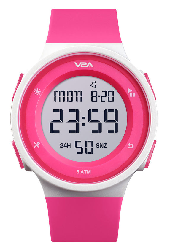 V2A Active Digital Sports Watch with Backlight Alarm Stopwatch for Women and Girls (White Dial and Pink Strap)