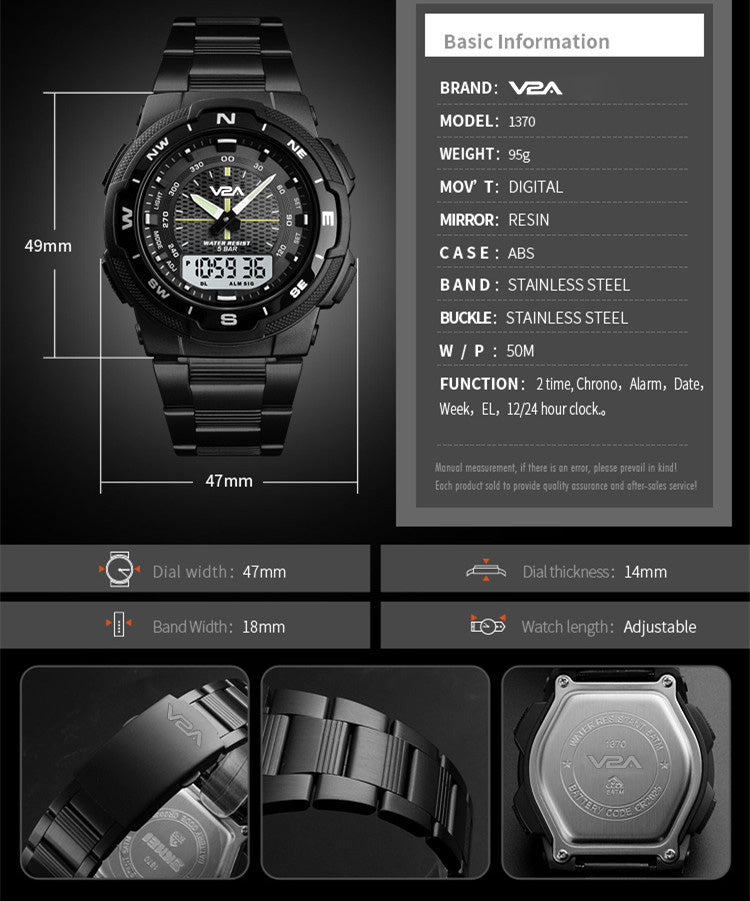 V2A Multi Function Chronograph Analog Digital IP Black Stainless