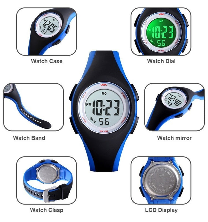 V2A 5ATM Waterproof Digital Kids Sports Watch with Luminous Alarm Stopwatch for Boys and Girls (White Dial Black and Blue Colored Strap)