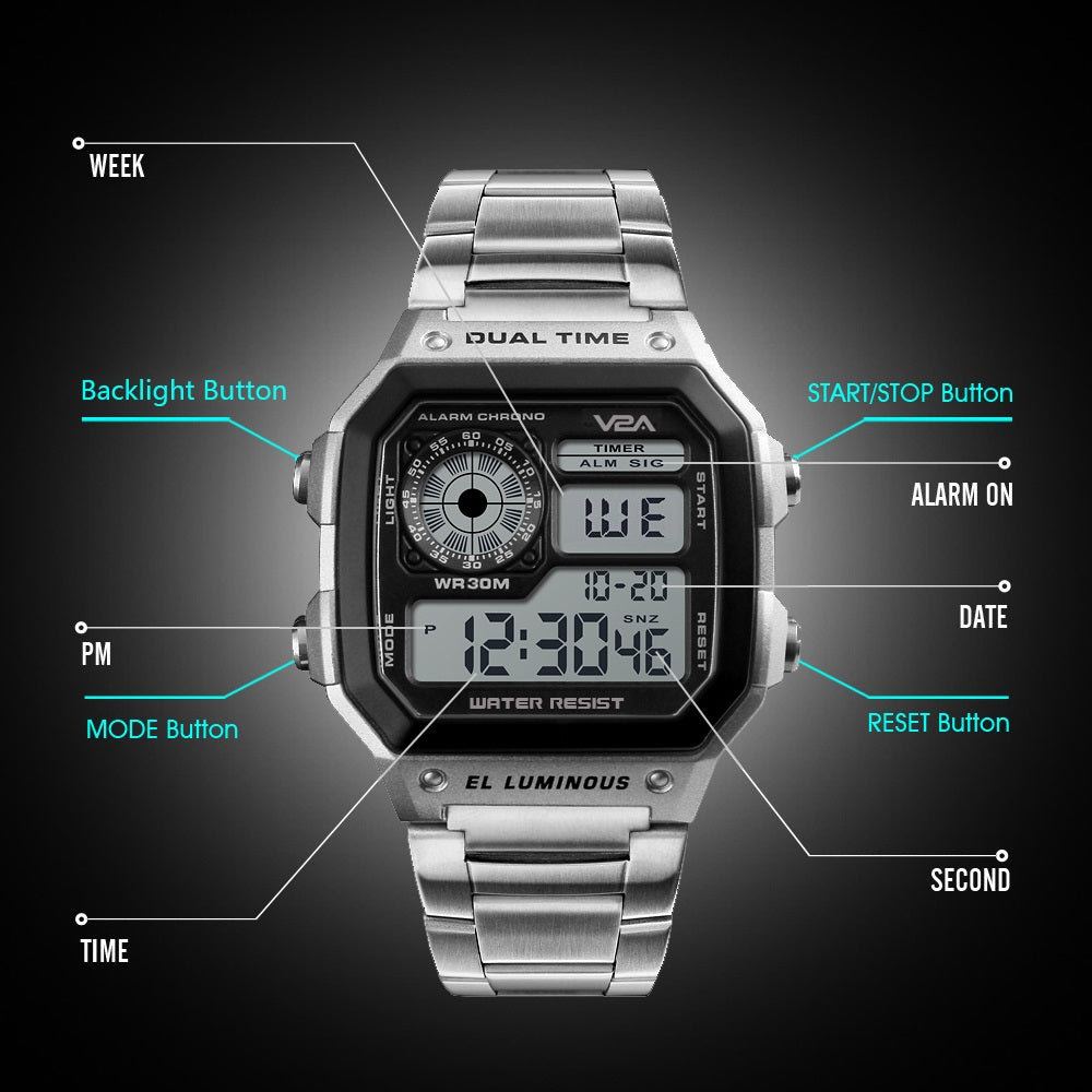 V2A Chronograph Stainless Steel Unisex Mulitifunction Digital