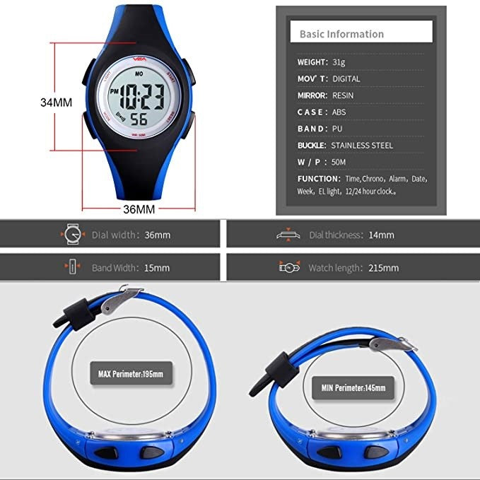 V2A 5ATM Waterproof Digital Kids Sports Watch with Luminous Alarm Stopwatch for Boys and Girls (White Dial Black and Blue Colored Strap)