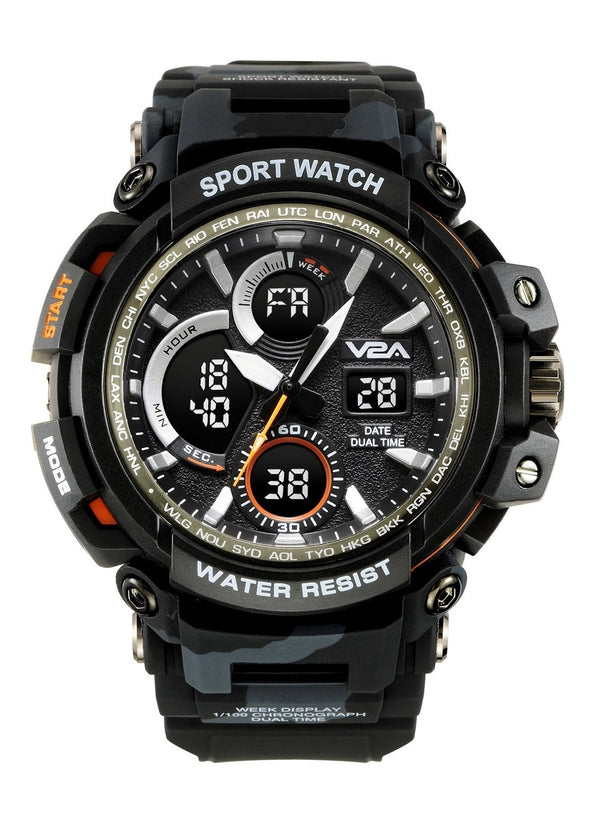 V2A Big Dial Camo-Black Outdoor Sport Shockproof Led Analogue And Digital Waterproof Chronograph Watch For Men
