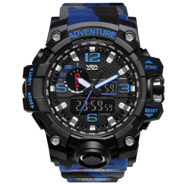 V2A Military Green Camouflage Analogue-Digital Black Dial Men's Sports Watch (Camo Blue)